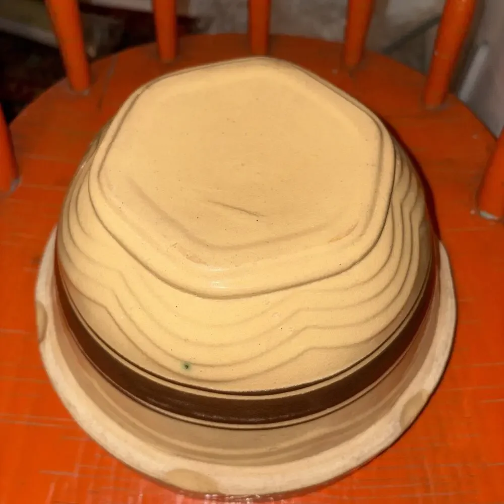 Antique Yellowware Mixing Bowl Brown Bands Molded Panel 9.5” Inch McCoy